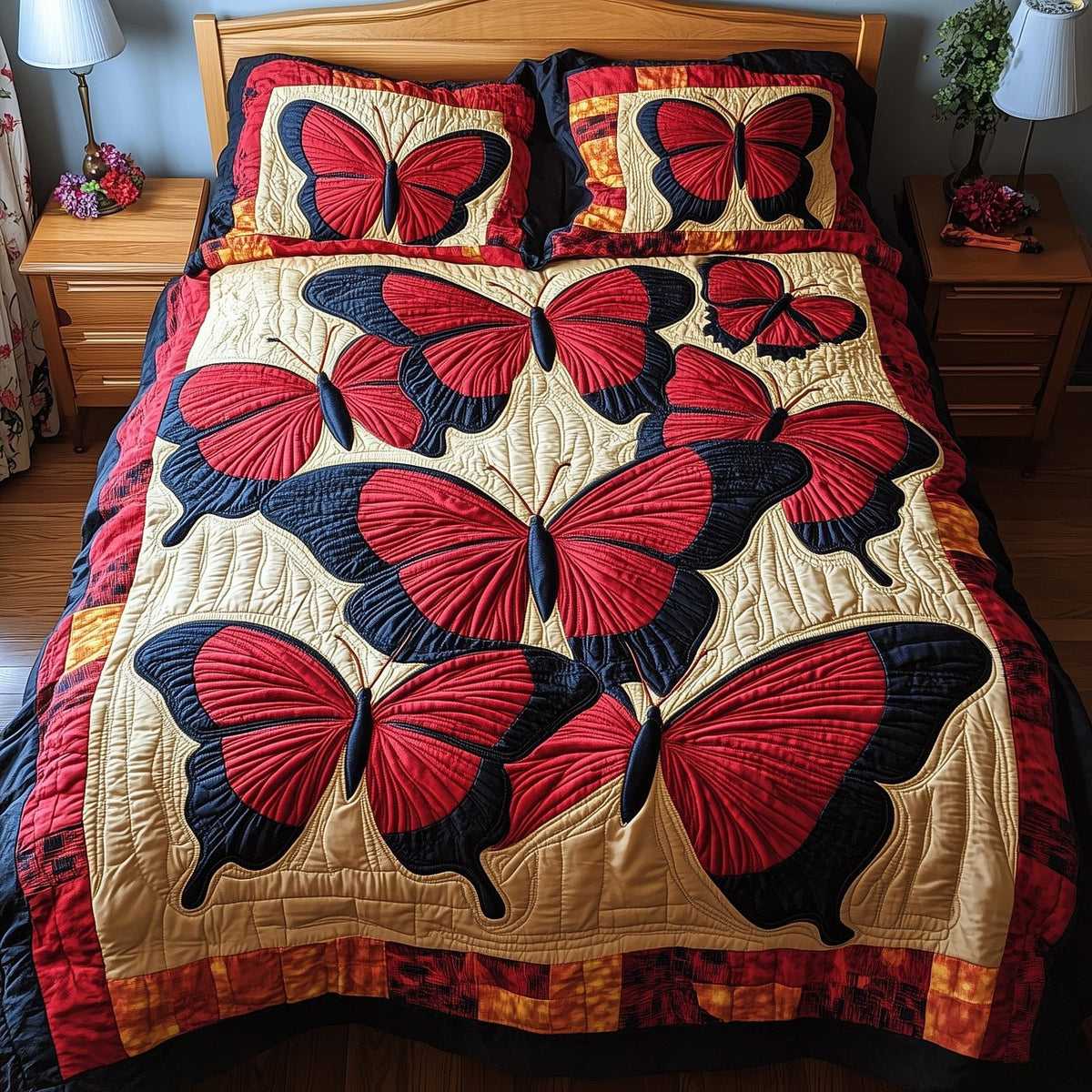 Red Butterfly quilted 3-piece bedding set on a made bed with two matching pillow shams