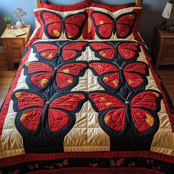 Red Butterfly quilted 3-piece bedding set on a made bed with two matching pillow shams