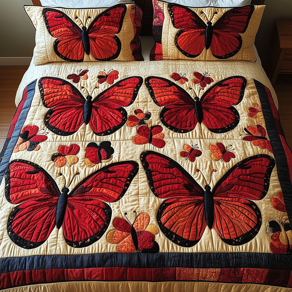 Red Butterfly quilted 3-piece bedding set on a made bed with two matching pillow shams