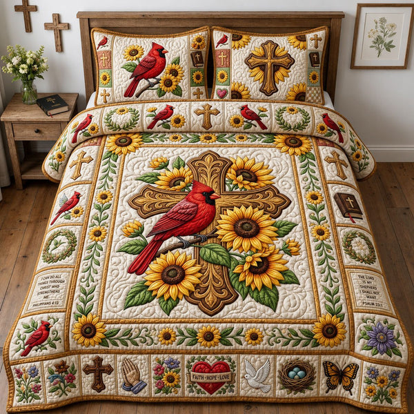 Red Cardinal Flowers quilted 3-piece bedding set on a made bed with two matching pillow shams