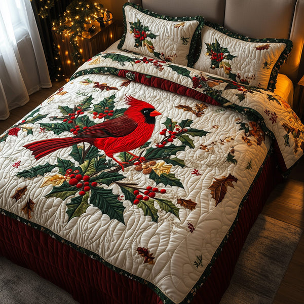 Red Cardinal Holiday quilted 3-piece bedding set on a made bed in a winter-styled bedroom