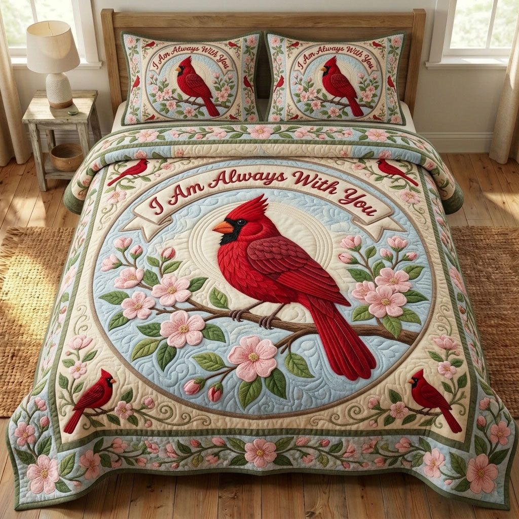 Red Cardinal quilted 3-piece bedding set on a made bed with two matching pillow shams