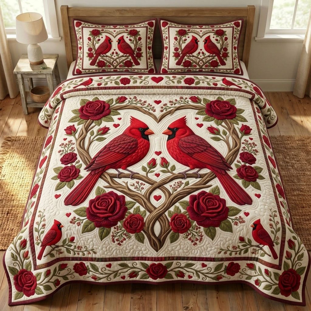 Red Cardinal quilted 3-piece bedding set on a made bed with two matching pillow shams
