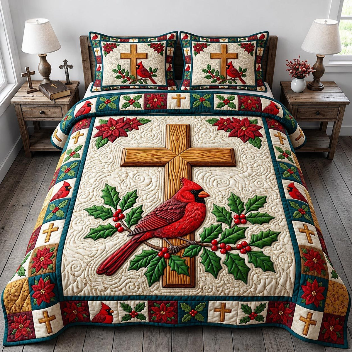 Red Cardinal quilted 3-piece bedding set on a made bed with two matching pillow shams