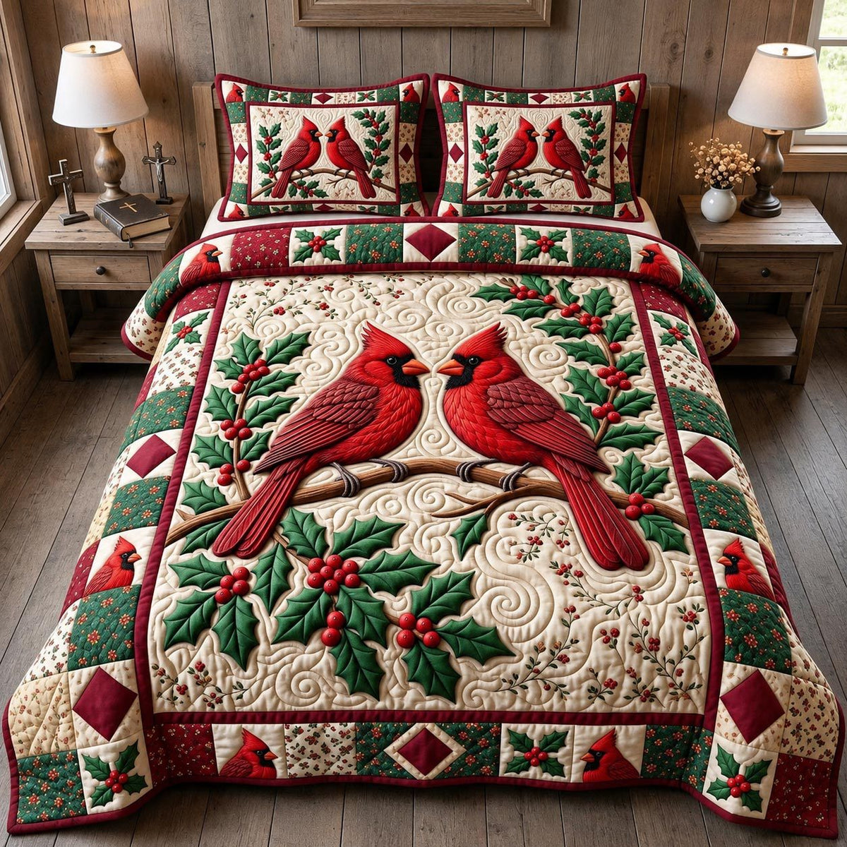 Red Cardinal quilted 3-piece bedding set on a made bed with two matching pillow shams