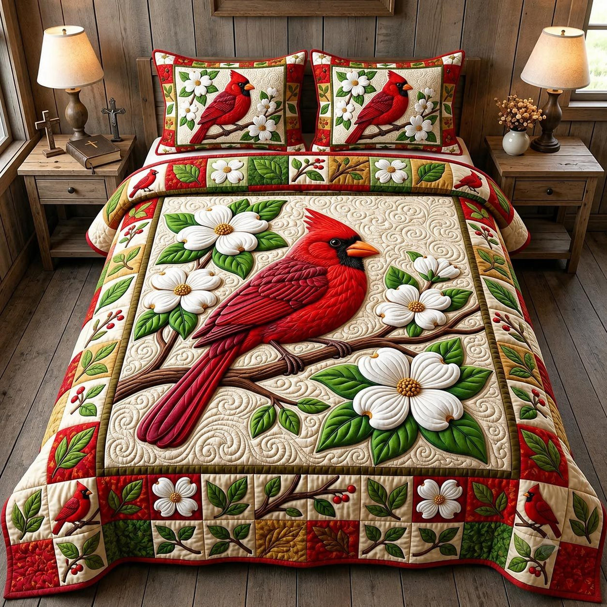 Red Cardinal quilted 3-piece bedding set on a made bed with two matching pillow shams