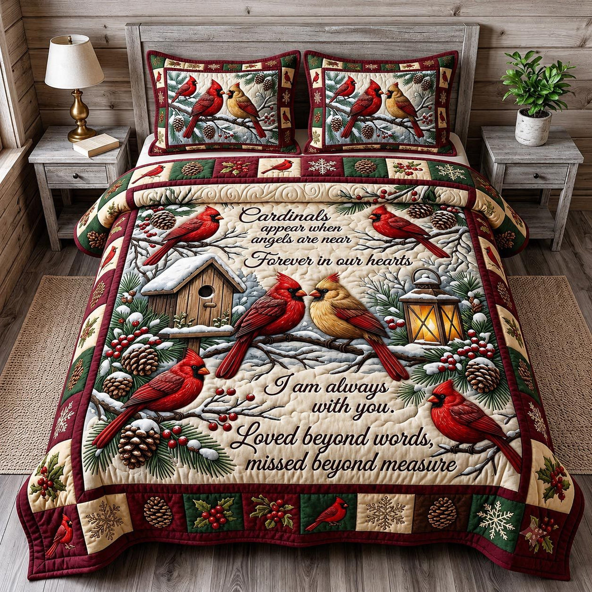 Red Cardinal quilted 3-piece bedding set on a made bed with two matching pillow shams
