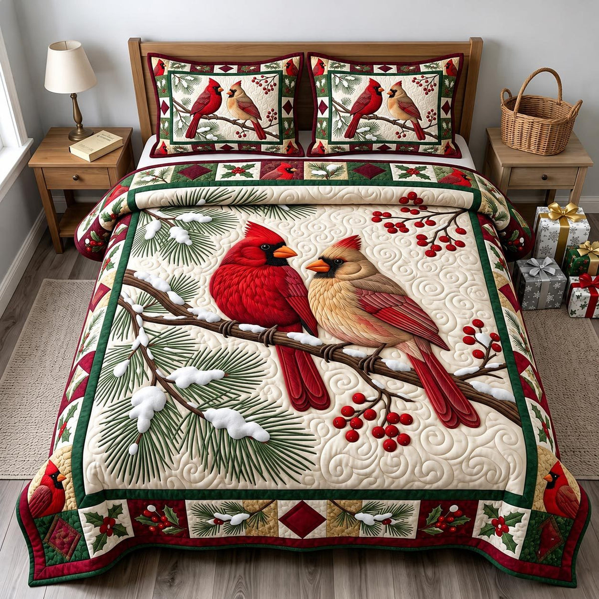 Red Cardinal quilted 3-piece bedding set on a made bed with two matching pillow shams