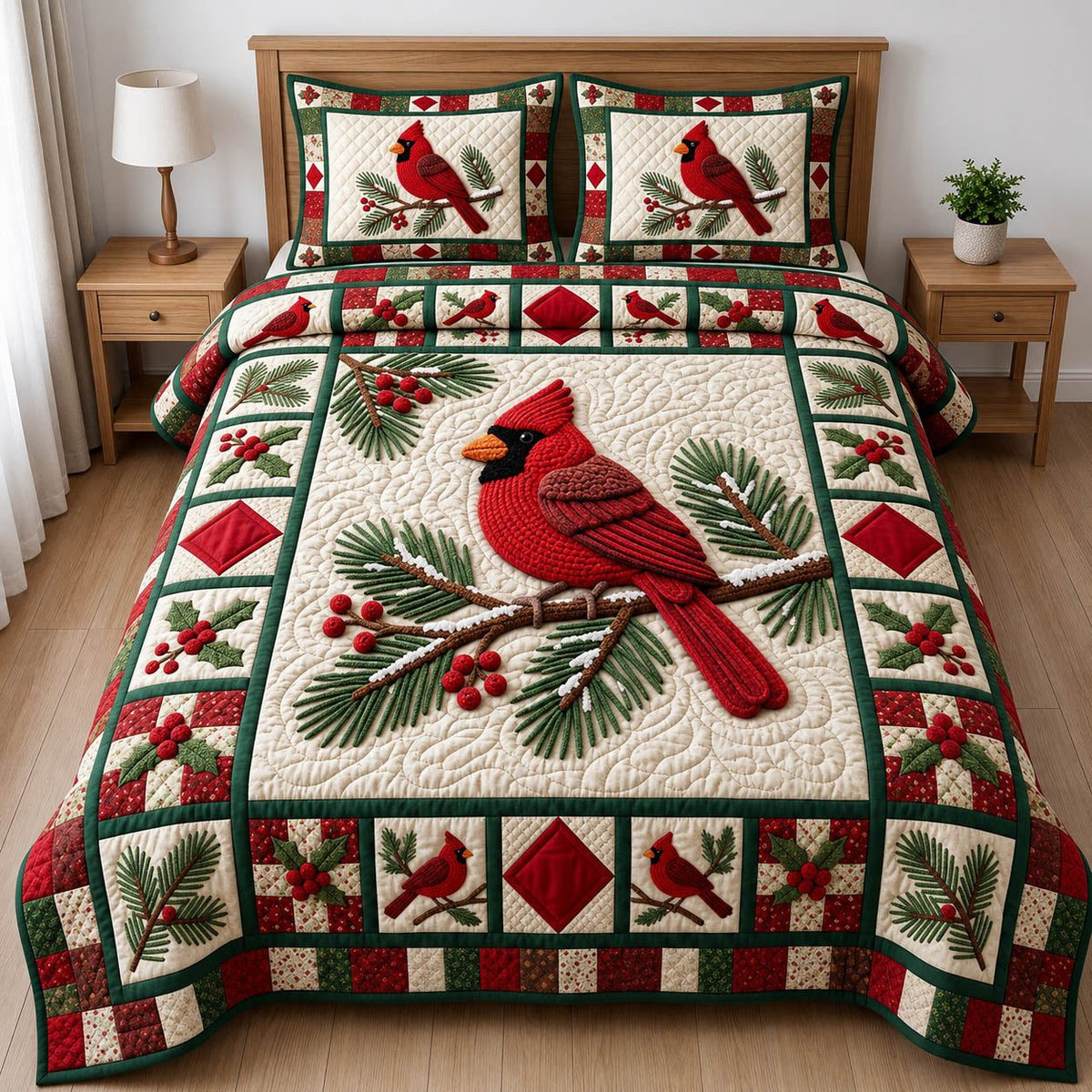 Red Cardinal quilted 3-piece bedding set on a made bed with two matching pillow shams