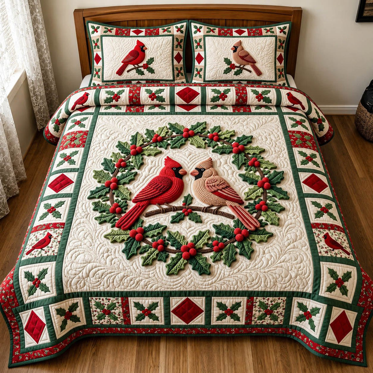 Red Cardinal quilted 3-piece bedding set on a made bed with two matching pillow shams