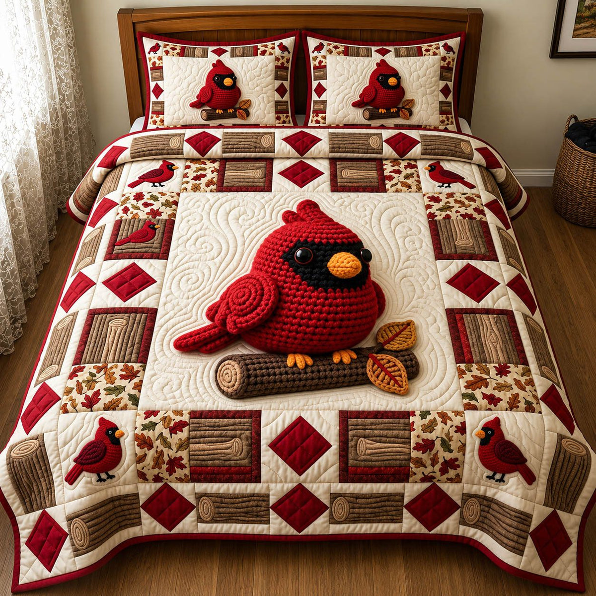 Red Cardinal quilted 3-piece bedding set on a made bed with two matching pillow shams