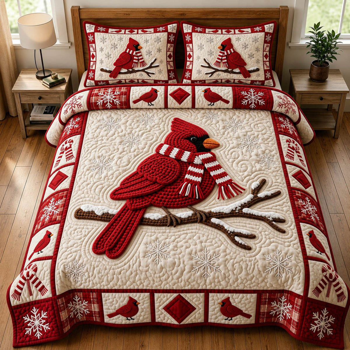 Red Cardinal quilted 3-piece bedding set on a made bed with two matching pillow shams