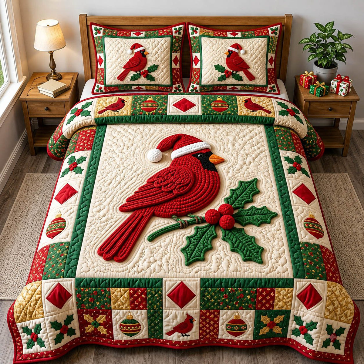 Red Cardinal quilted 3-piece bedding set on a made bed with two matching pillow shams