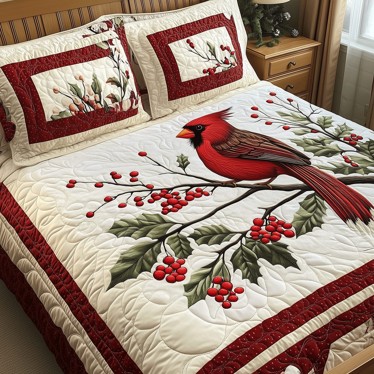 Red Cardinal Serenity quilted 3-piece bedding set on a made bed with two matching pillow shams