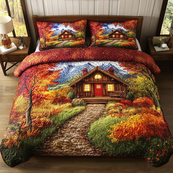 Red Door Cabin quilted 3-piece bedding set on a made bed with two matching pillow shams