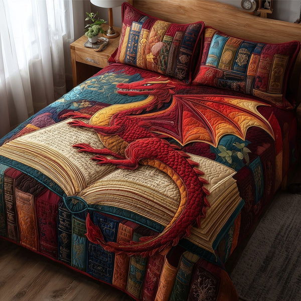 Red Dragon quilted 3-piece bedding set on a made bed with two matching pillow shams