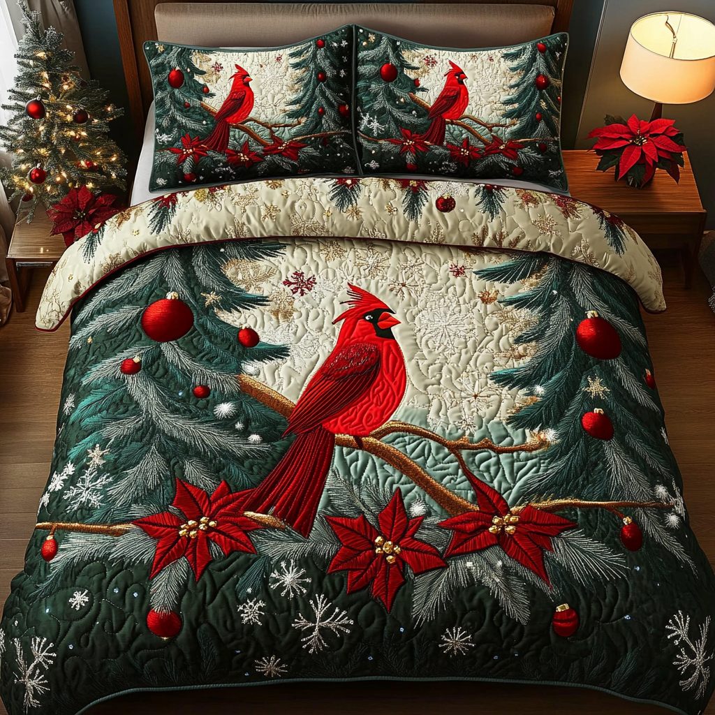 Red Feather Elegance quilted 3-piece bedding set on a made bed with two matching pillow shams