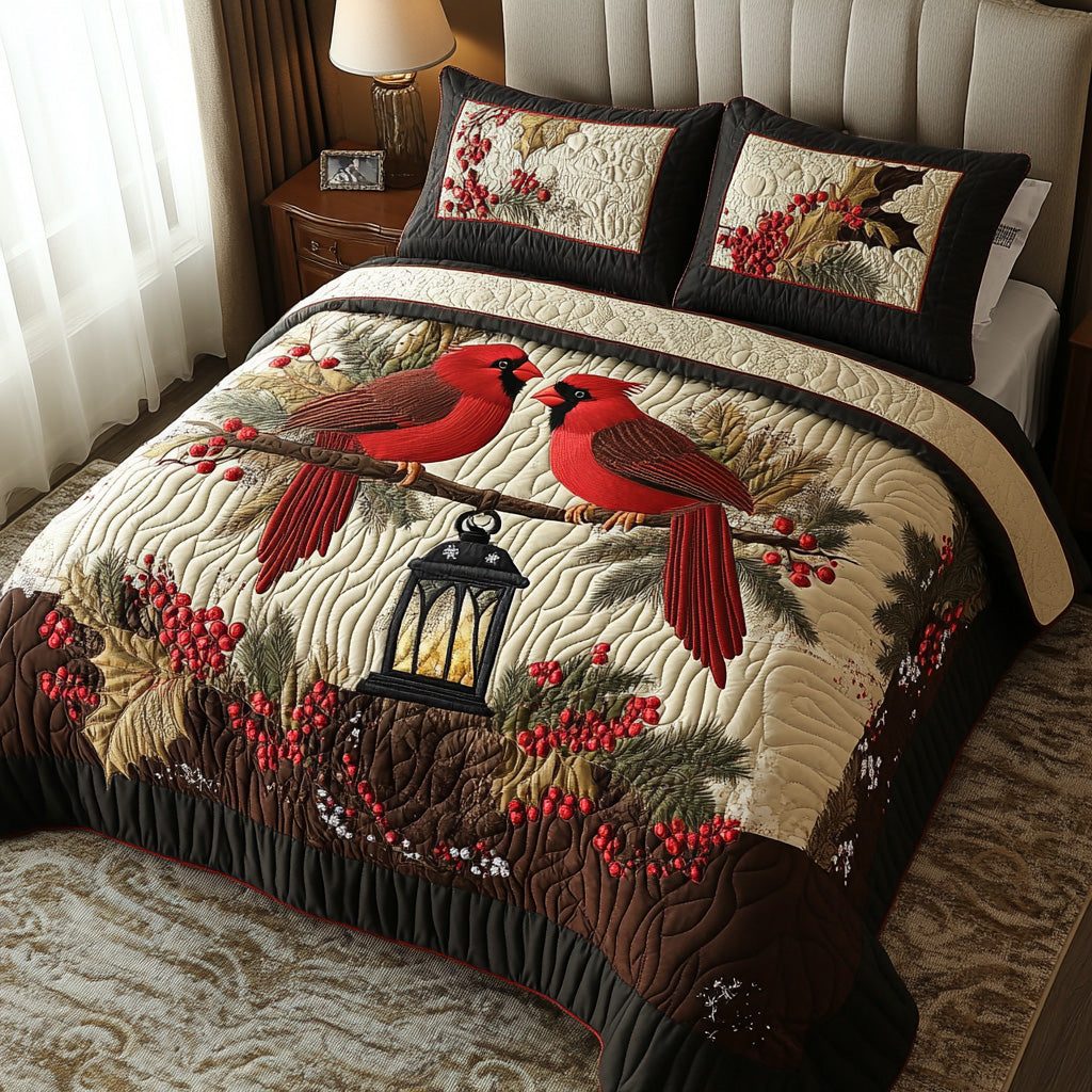 Red Feather Friends quilted 3-piece bedding set on a made bed with two matching pillow shams