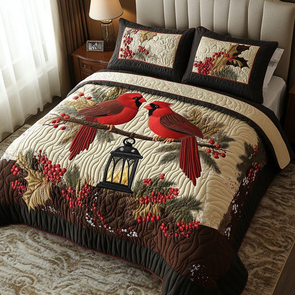 Red Feather Friends quilted 3-piece bedding set on a made bed with two matching pillow shams