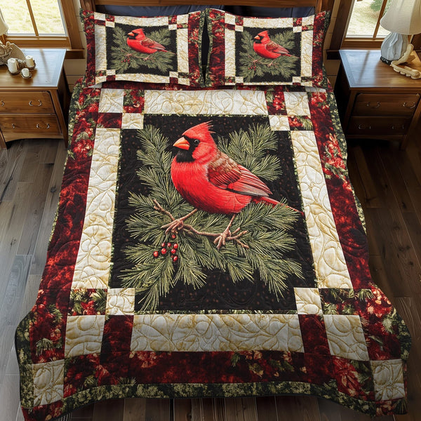 Red Feather Haven quilted 3-piece bedding set on a made bed with two matching pillow shams