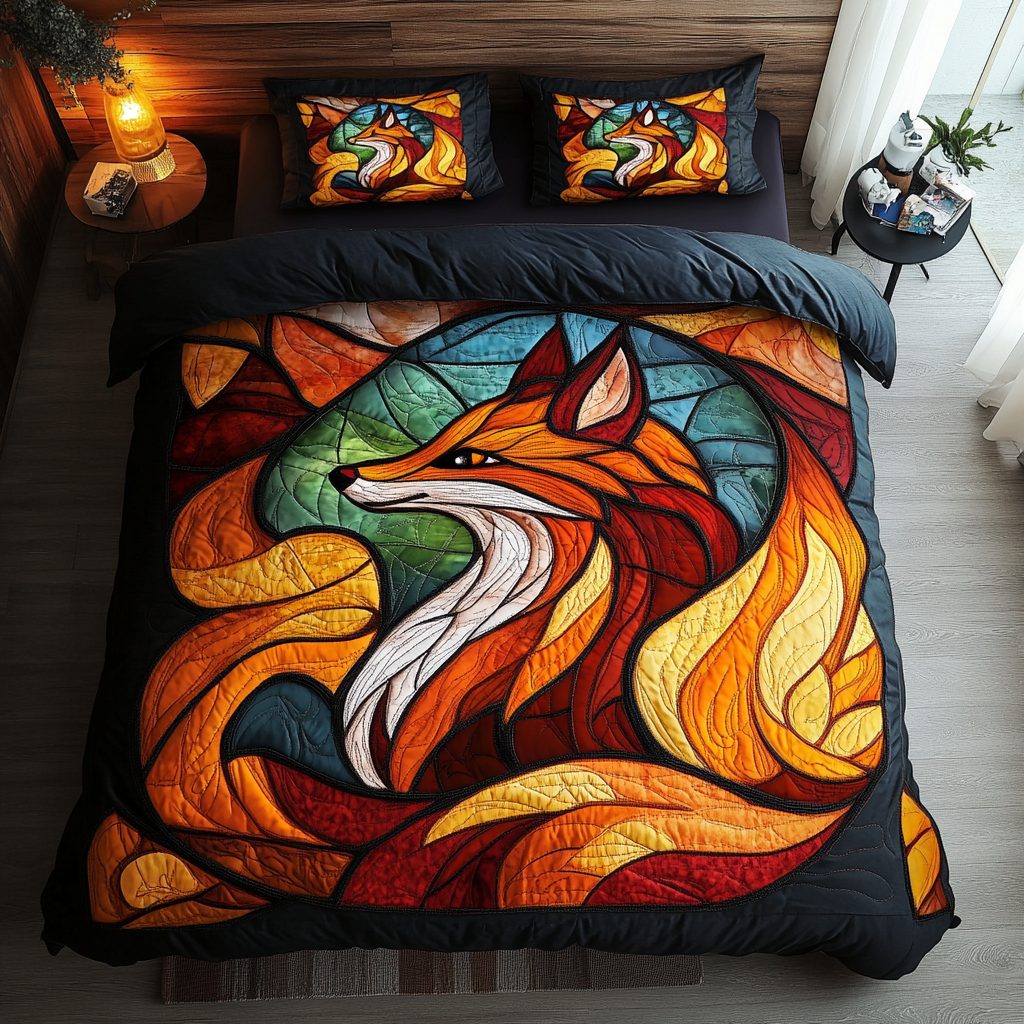 Red Fox Spirit quilted 3-piece bedding set on a made bed with two matching pillow shams