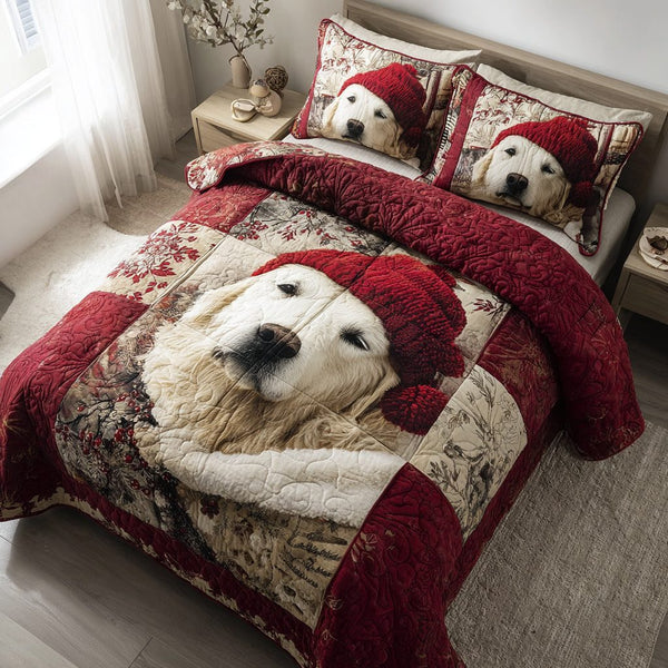 Red Great Pyrenees quilted 3-piece bedding set on a made bed with two matching pillow shams
