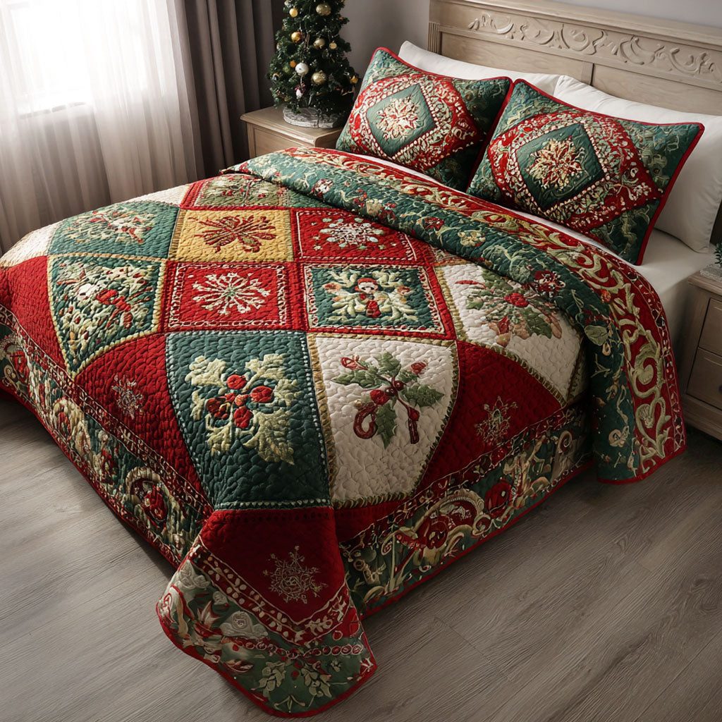 Red Green Splendor quilted 3-piece bedding set on a made bed with two matching pillow shams