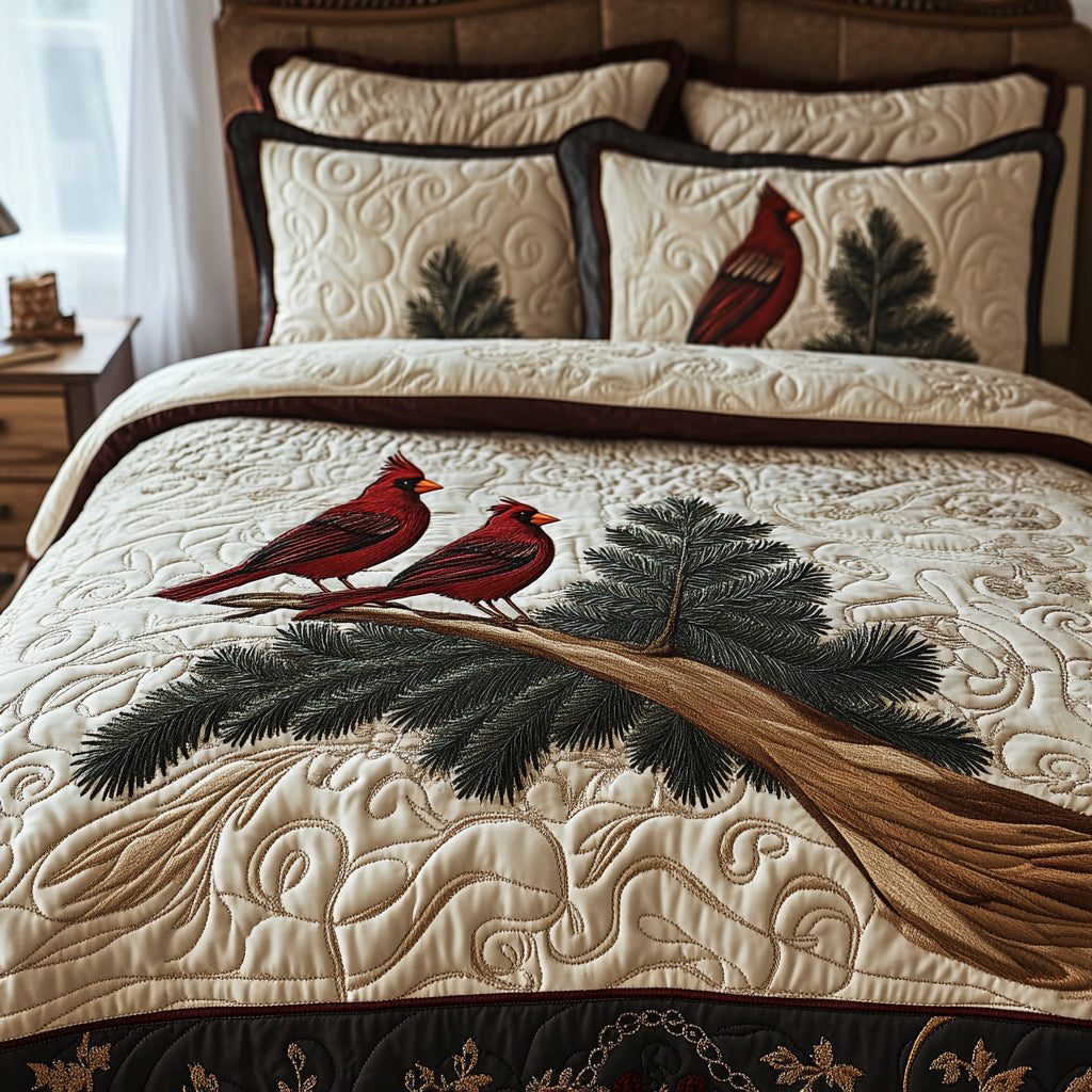 Red Harmony quilted 3-piece bedding set on a made bed with two matching pillow shams