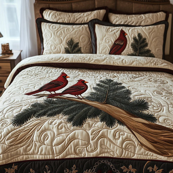 Red Harmony quilted 3-piece bedding set on a made bed with two matching pillow shams