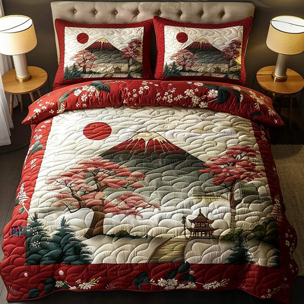 Red Japanese Pagoda quilted 3-piece bedding set on a made bed with two matching pillow shams