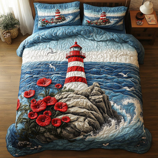 Red Lighthouse quilted 3-piece bedding set on a made bed in a light coastal bedroom