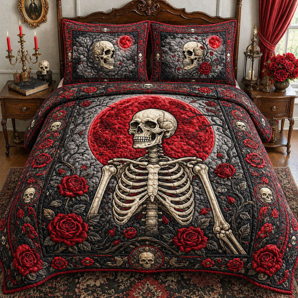 Red Moon Skeleton quilted 3-piece bedding set on a made bed against a dark styled interior