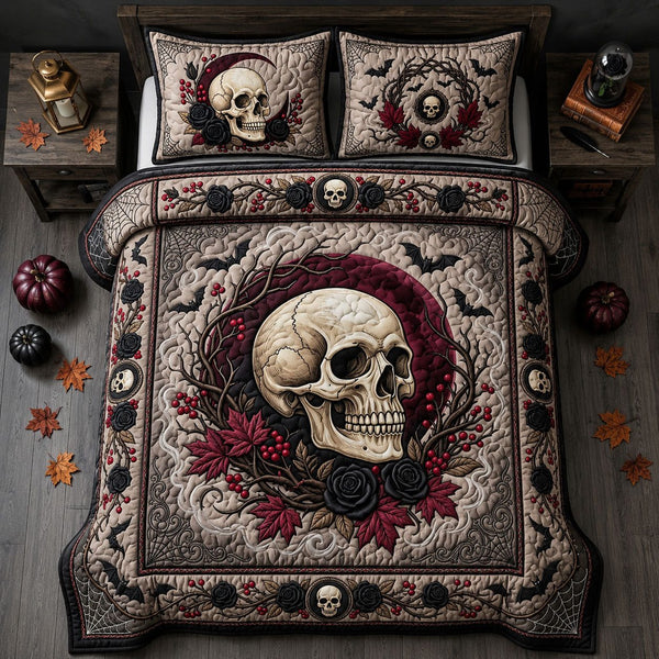 Red Moon Skull quilted 3-piece bedding set on a made bed against a dark styled interior