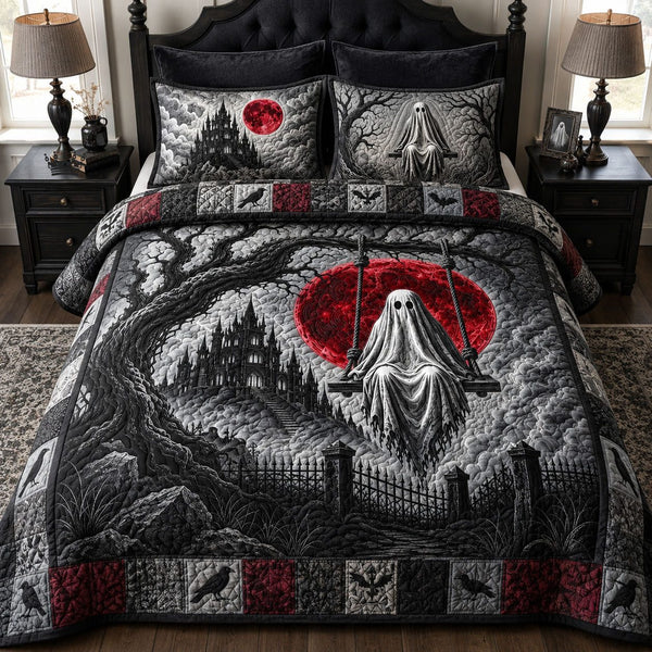 Red Moon Spooky Night quilted 3-piece bedding set on a made bed against a dark styled interior