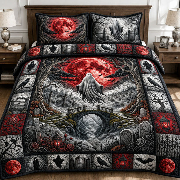 Red Moon Spooky Night quilted 3-piece bedding set on a made bed against a dark styled interior