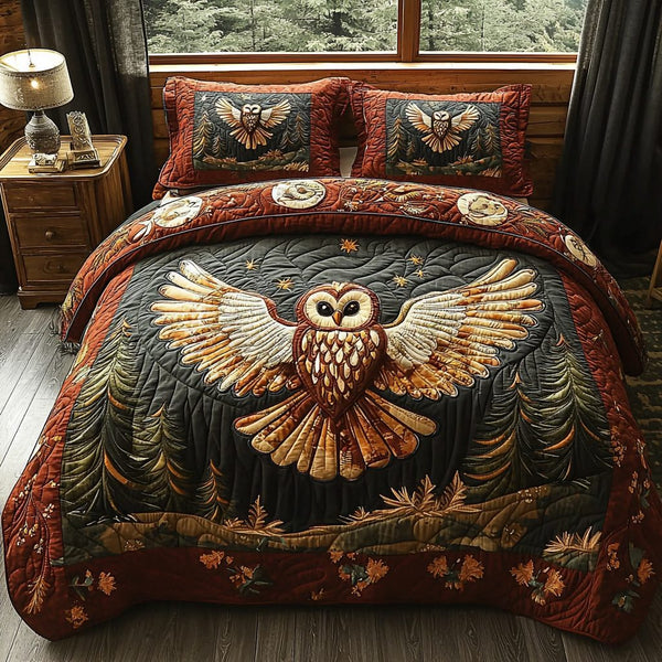 Red Owl quilted 3-piece bedding set on a made bed with two matching pillow shams