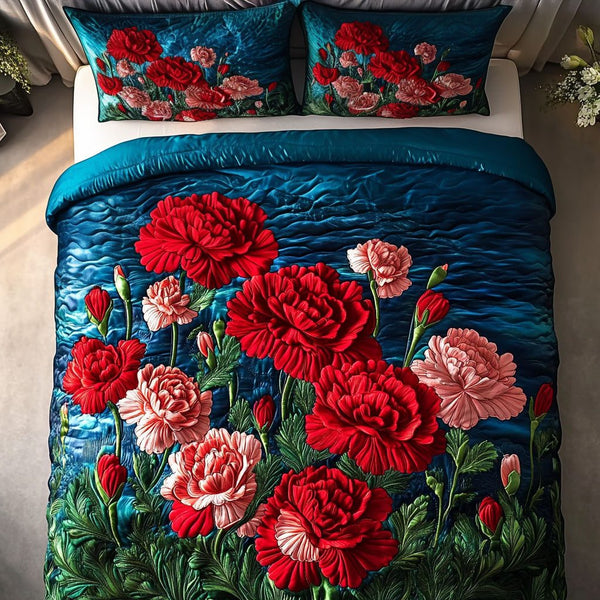 Red Petals of Heartland quilted 3-piece bedding set on a made bed with two matching pillow shams