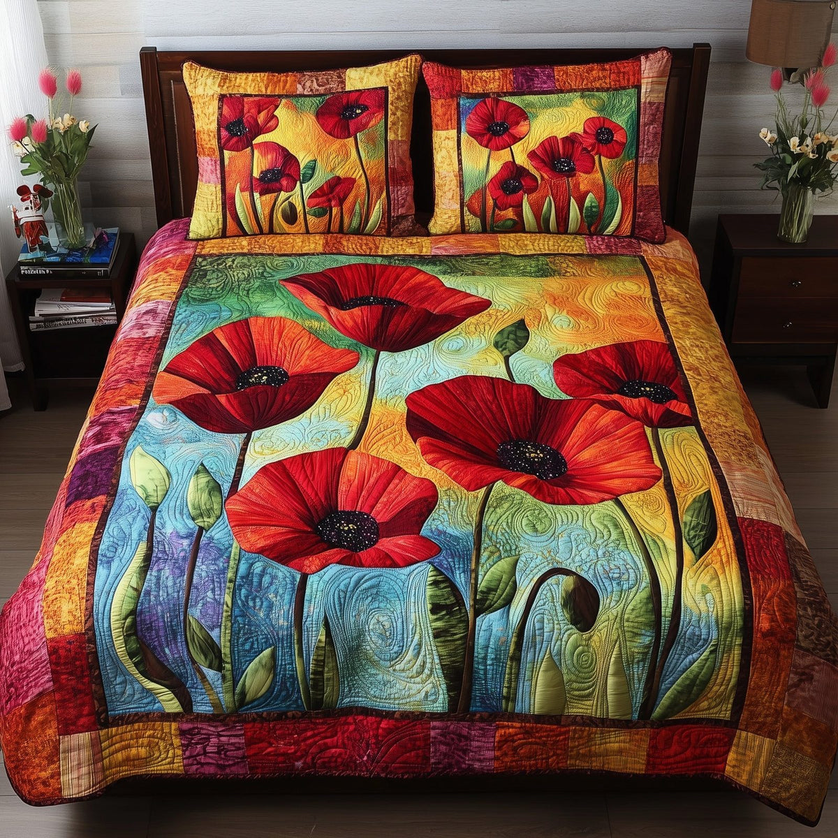 Red Poppies In The Wind quilted 3-piece bedding set on a made bed with two matching pillow shams