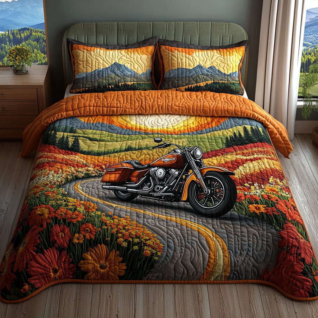 Red Road quilted 3-piece bedding set on a made bed with two matching pillow shams