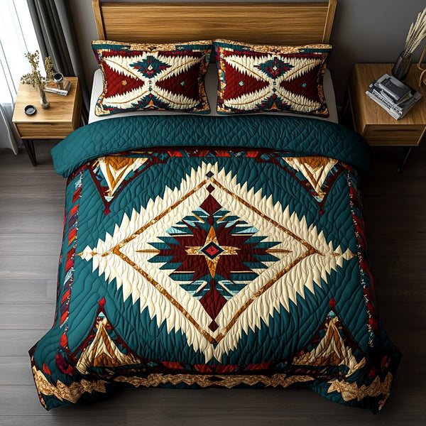Red Rock Radiance quilted 3-piece bedding set on a made bed with two matching pillow shams