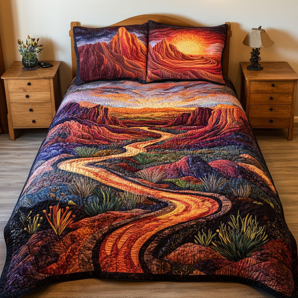 Red Rocks Serenity quilted 3-piece bedding set on a made bed with two matching pillow shams