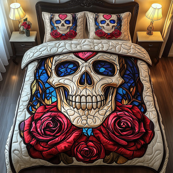 Red Rose For U quilted 3-piece bedding set on a made bed with two matching pillow shams