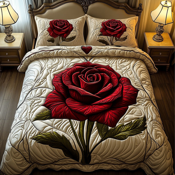 Red Rose For U quilted 3-piece bedding set on a made bed with two matching pillow shams