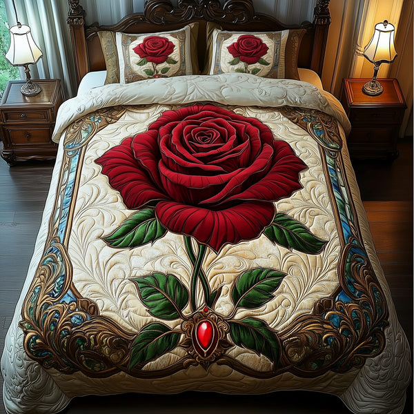 Red Rose For U quilted 3-piece bedding set on a made bed with two matching pillow shams