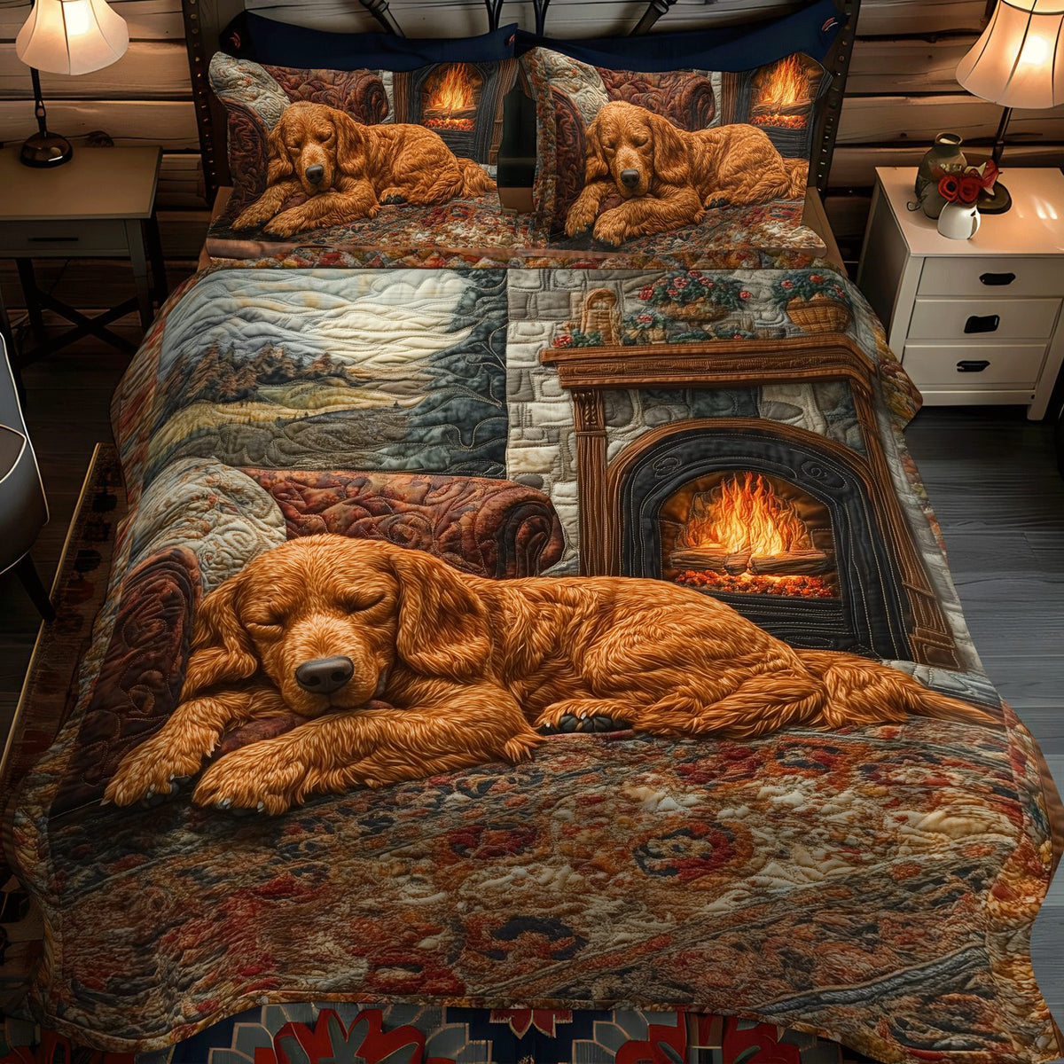 Red Rover quilted 3-piece bedding set on a made bed with two matching pillow shams