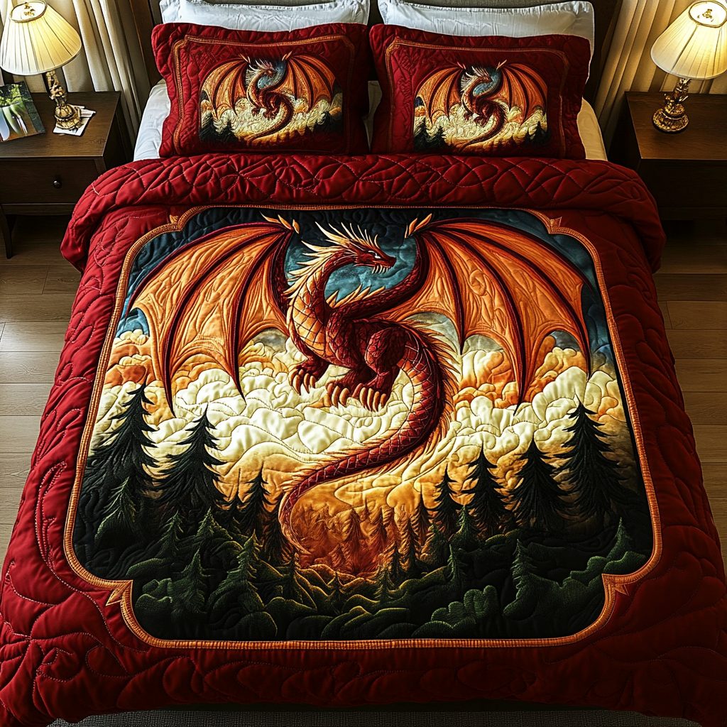 Red Sentinel quilted 3-piece bedding set on a made bed with two matching pillow shams