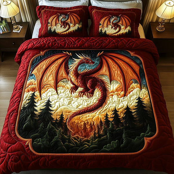 Red Sentinel quilted 3-piece bedding set on a made bed with two matching pillow shams