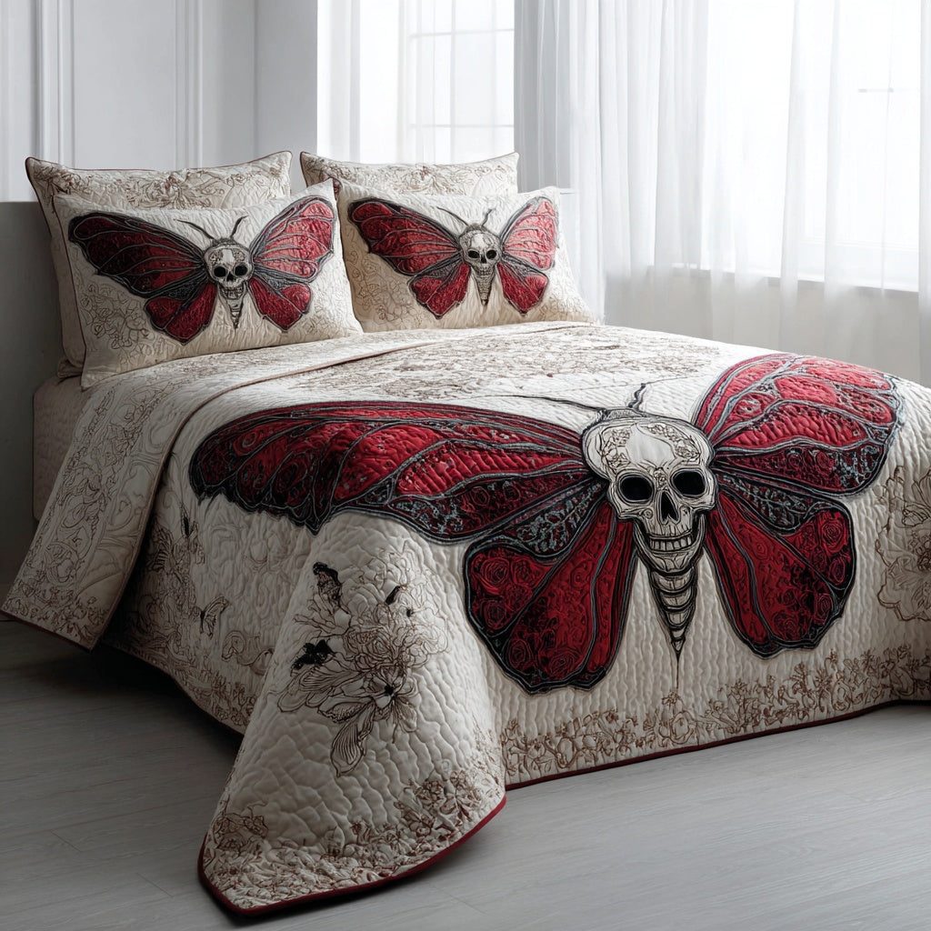Red Skull quilted 3-piece bedding set on a made bed against a dark styled interior