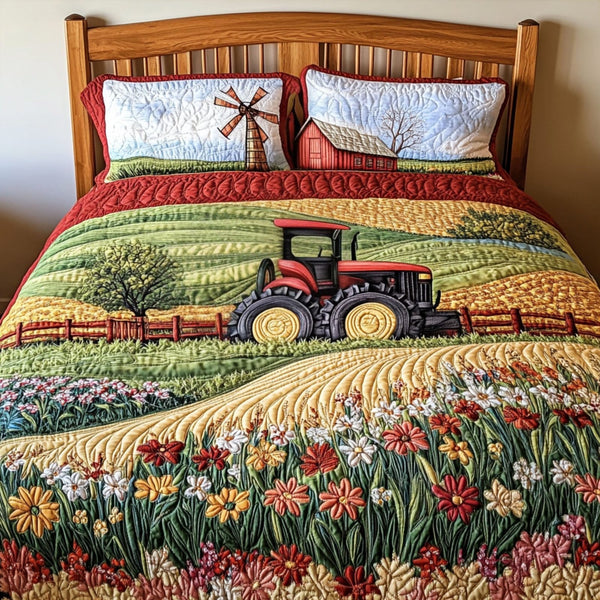 Red Tractor Fields quilted 3-piece bedding set on a made bed with two matching pillow shams