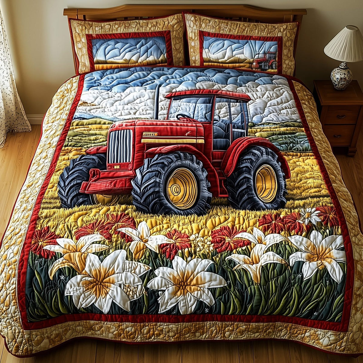 Red Tractor quilted 3-piece bedding set on a made bed with two matching pillow shams